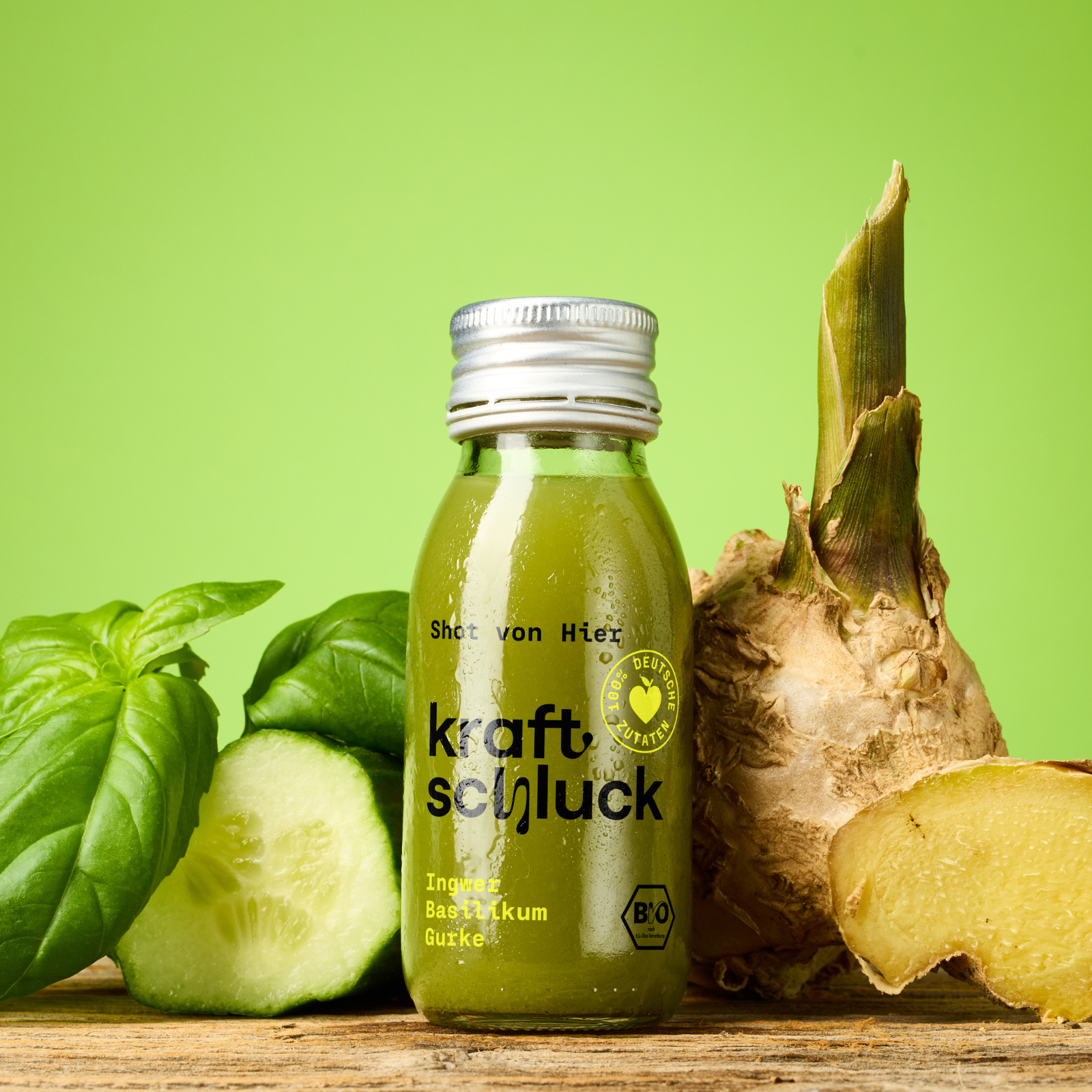 Grüner Shot - Ingwer, Basilikum, Gurke, 60 ml